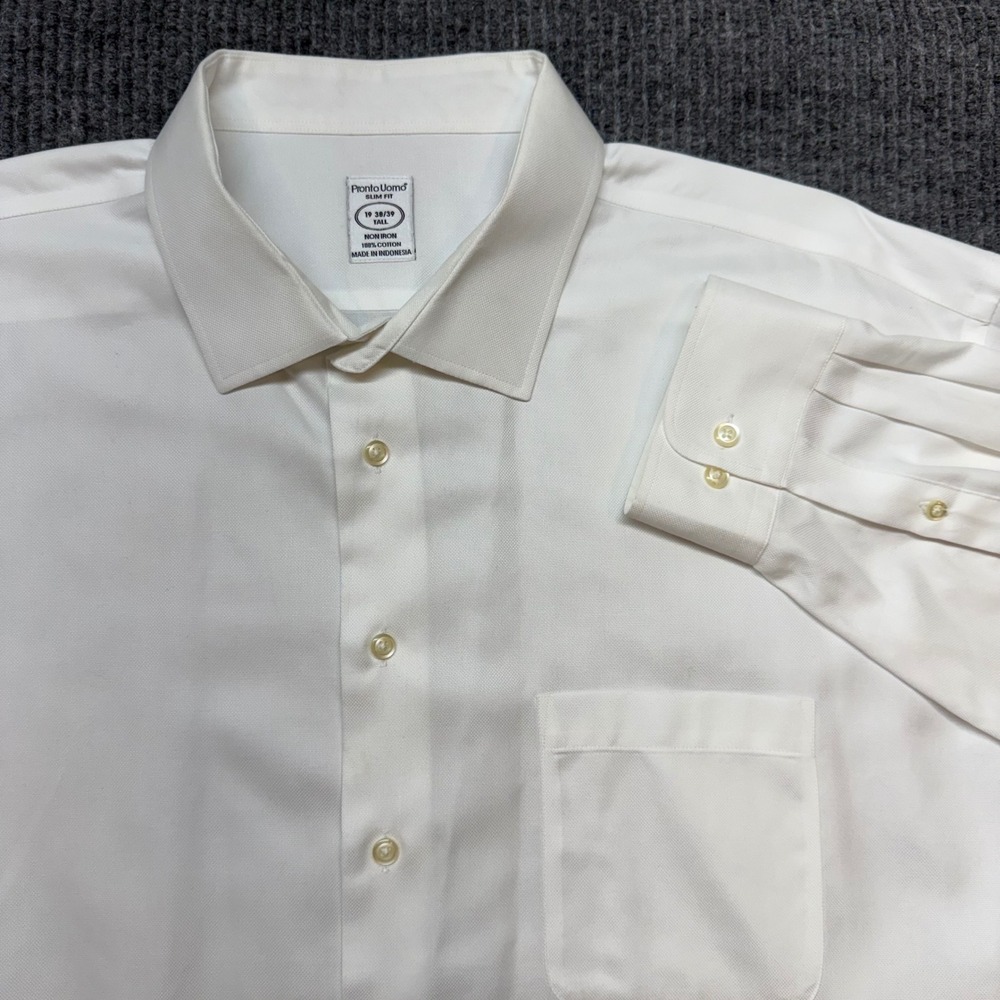 Pronto Uomo Slim Fit Non-Iron Dress Shirt Mens 19 38/39 Tall White Cotton